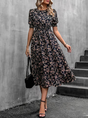 Floral Puff Sleeves Smocked Waist A-Line Midi Dress