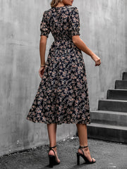 Floral Puff Sleeves Smocked Waist A-Line Midi Dress