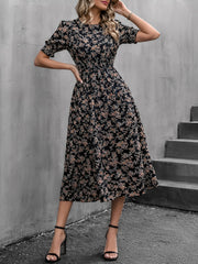 Floral Puff Sleeves Smocked Waist A-Line Midi Dress