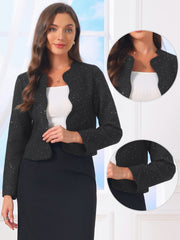 Tweed Collarless Open Front Work Business Cropped Jackets