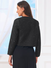 Tweed Collarless Open Front Work Business Cropped Jackets