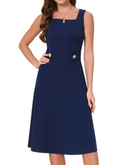 Square Neck Sleeveless Office Formal Work A-Line Dress