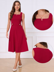 Square Neck Sleeveless Office Formal Work A-Line Dress