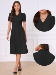 Short Sleeve V Neck Button Decro A-Line Business Casual Dress