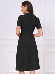 Short Sleeve V Neck Button Decro A-Line Business Casual Dress