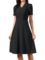 Short Sleeve V Neck Button Decro A-Line Business Casual Dress