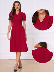 Short Sleeve V Neck Button Decro A-Line Business Casual Dress