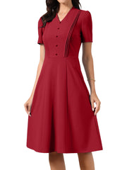 Short Sleeve V Neck Button Decro A-Line Business Casual Dress