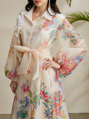 Detachale 3D Flower Lantern Sleeves Floral Print Maxi Dress