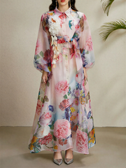 Detachale 3D Flower Lantern Sleeves Floral Print Maxi Dress
