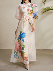 Detachable 3D Flower Mesh Floral Print Puff Sleeves Dress