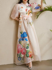 Detachable 3D Flower Mesh Floral Print Puff Sleeves Dress