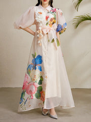Detachable 3D Flower Mesh Floral Print Puff Sleeves Dress