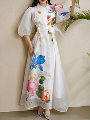 Detachable 3D Flower Mesh Floral Print Puff Sleeves Dress