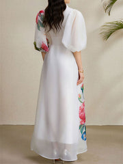 Detachable 3D Flower Mesh Floral Print Puff Sleeves Dress