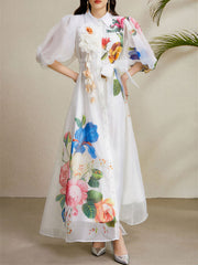 Detachable 3D Flower Mesh Floral Print Puff Sleeves Dress