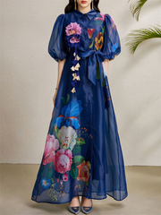 Detachable 3D Flower Mesh Floral Print Puff Sleeves Dress