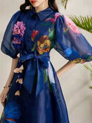 Detachable 3D Flower Mesh Floral Print Puff Sleeves Dress