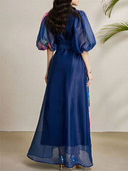 Detachable 3D Flower Mesh Floral Print Puff Sleeves Dress