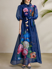 Detachable 3D Flower Mesh Floral Print Puff Sleeves Dress