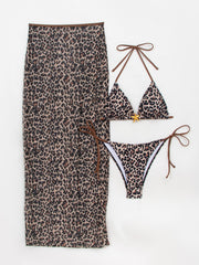 3 Pieces Floral Leopard Halter Neck Bikinis & Maxi Bodycon Skirt Cover-Up Beachwear Set