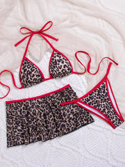 3 Pieces Swimsuit Set Leopard Print Triangle Bikini and Cover-up Skirt