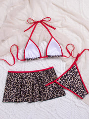 3 Pieces Swimsuit Set Leopard Print Triangle Bikini and Cover-up Skirt