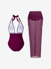 2 Pieces Halter Neck Swimsuit & Bodycon Ruched Skrit Cover-Up Beachwear Set