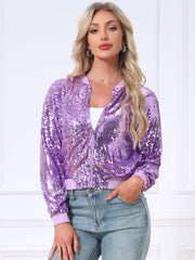 Sequin Sparkle Party Long Sleeve Zipper Bomber Jacket