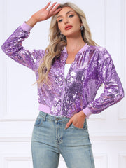 Sequin Sparkle Party Long Sleeve Zipper Bomber Jacket