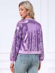 Sequin Sparkle Party Long Sleeve Zipper Bomber Jacket