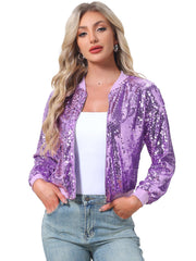 Sequin Sparkle Party Long Sleeve Zipper Bomber Jacket