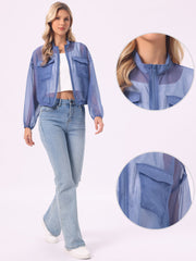 Sheer Zip Up Long Sleeve See Through Bomber Jacket