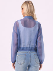 Sheer Zip Up Long Sleeve See Through Bomber Jacket