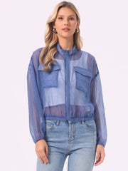 Sheer Zip Up Long Sleeve See Through Bomber Jacket
