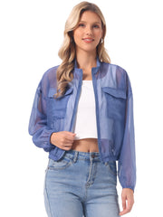 Sheer Zip Up Long Sleeve See Through Bomber Jacket
