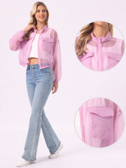 Sheer Zip Up Long Sleeve See Through Bomber Jacket