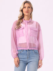 Sheer Zip Up Long Sleeve See Through Bomber Jacket