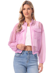Sheer Zip Up Long Sleeve See Through Bomber Jacket