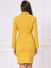 2 Pieces Collared Button Down Blazer & Pencil Midi Skirt Suit Set