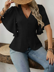 V-Neck Solid Color Flare Sleeve Casual Blouse