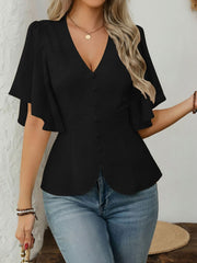 V-Neck Solid Color Flare Sleeve Casual Blouse