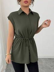 Collared Cap Sleeves Lace-Up Solid Color Blouse
