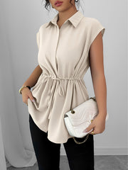 Collared Cap Sleeves Lace-Up Solid Color Blouse