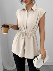Collared Cap Sleeves Lace-Up Solid Color Blouse