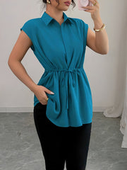 Collared Cap Sleeves Lace-Up Solid Color Blouse