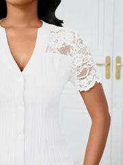 Lace Patchwork Short Sleeves Casual Blouse