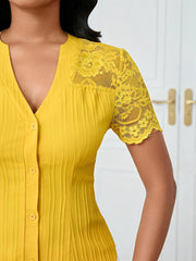 Lace Patchwork Short Sleeves Casual Blouse