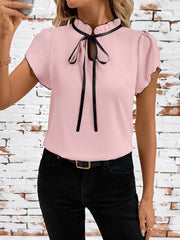 Ruffled Neck Lace-Up Colorblock Short Sleeves Blouse