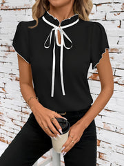 Ruffled Neck Lace-Up Colorblock Short Sleeves Blouse